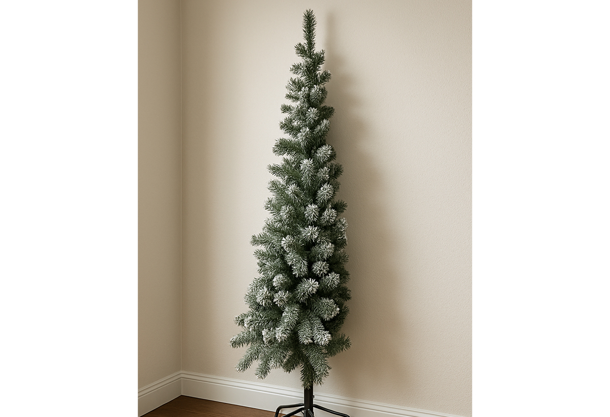 Το στολισμένο δέντρο Half τοποθετημένο στον τοίχο του σαλονιού με μερικά δώρα γύρω από τη βάση του.